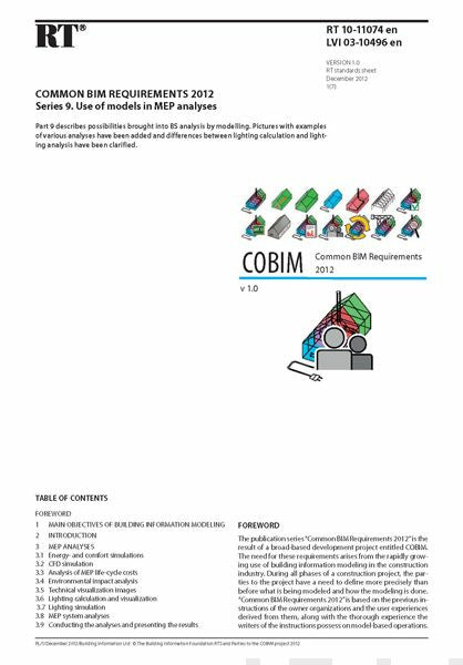 RT 10-11074 en, Common BIM Requirements 2012. Series 9. Use of models in MEP analyses (Version 1.0, 2012)